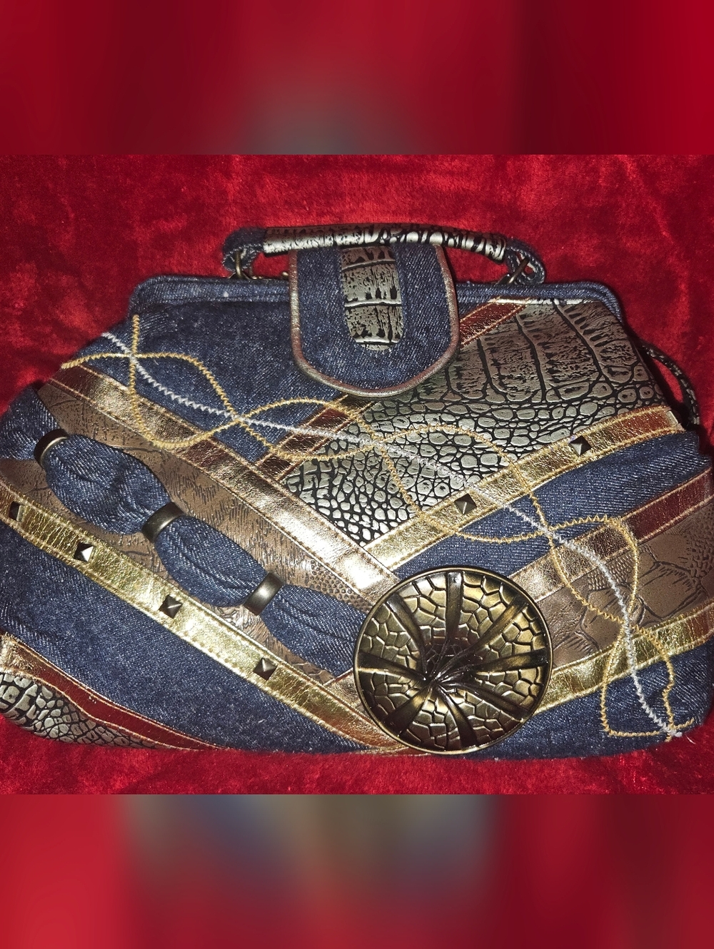 Unbranded Vintage Denim w/Metallic Gold/Bronze & Studs Accents Bag